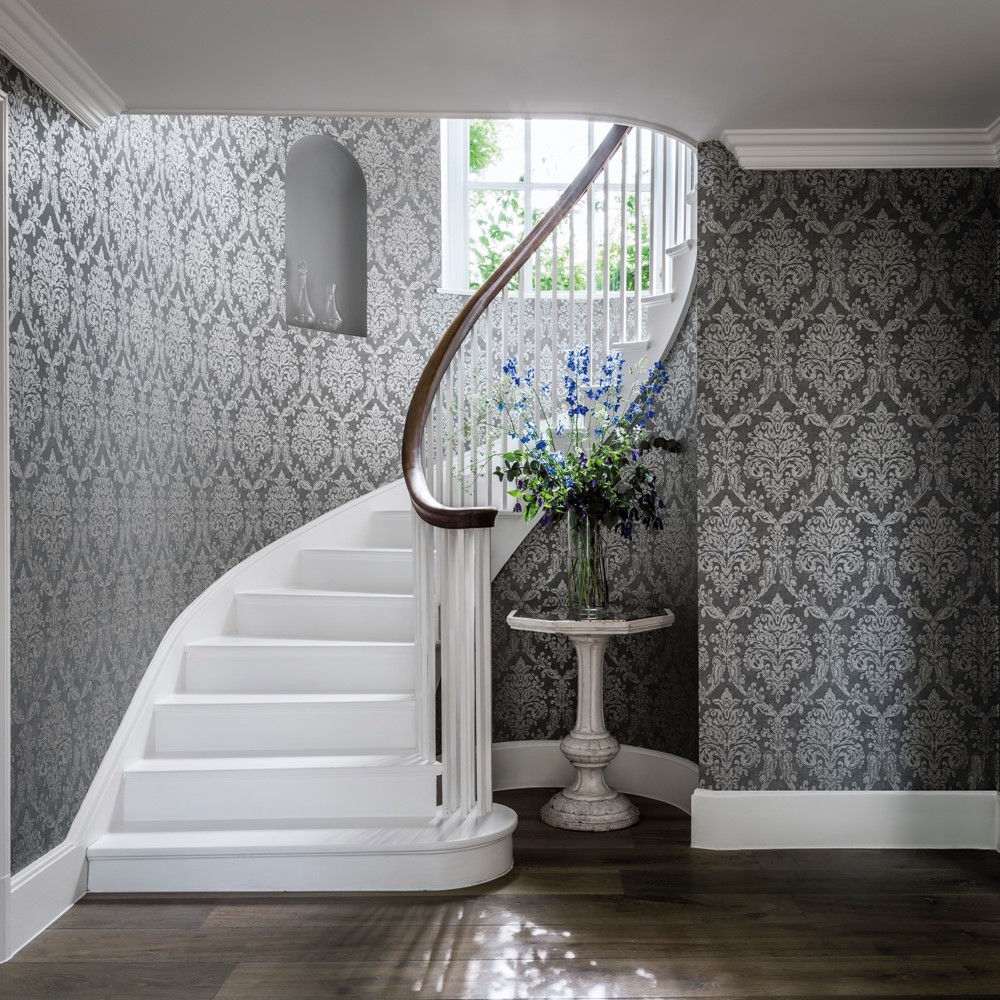 Riverside Damask Wallpaper 216291 by Sanderson in Steel Silver Grey